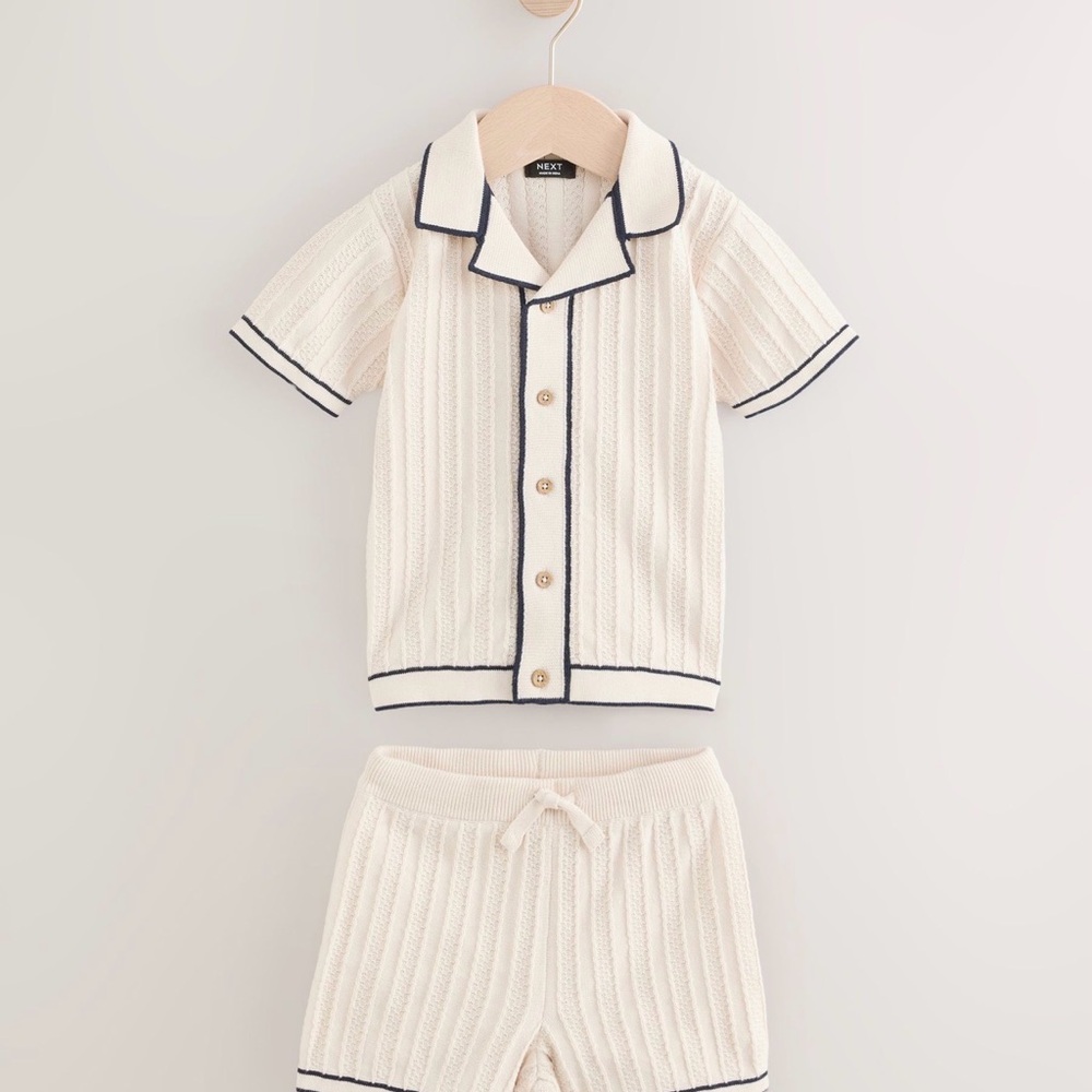 NEXT Cream Knitted Button Through Polo Shirt and Shorts Set- Size: 2T